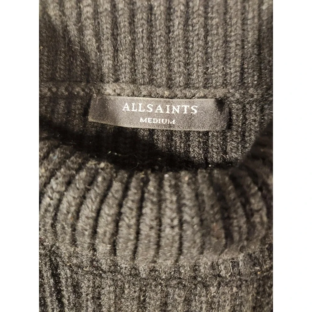 AllSaints‎ Sweater Mens Medium Black Merino Wool Cashmere Pullover Mock Striped